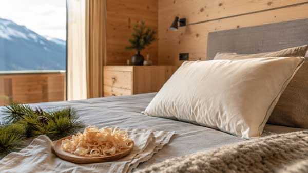 Ein Schlafzimmer mit einem Bett, einem Kissen, einer Holzplatte mit Holzspänen und einer Aussicht auf Berge.