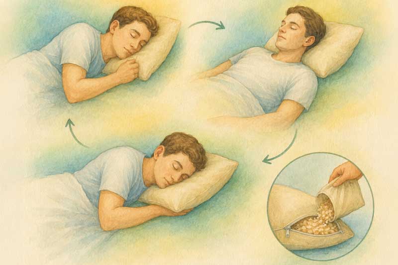 Eine Illustration zeigt einen schlafenden Jungen in verschiedenen Positionen und einen Handgriff, wie die Füllmenge angepasst werden kann.