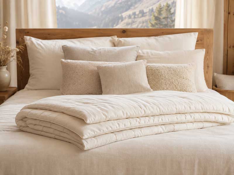 Ein Bett mit Naturbettwaren, einer weissen Bettdecke und mehreren Kissen in neutralen Farben, vor einem Fenster mit Blick auf eine Berglandschaft.