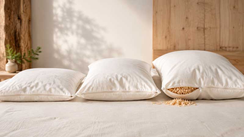 Drei Kissen - verschieden dick, auf einem Bett, eines davon ist geöffnet - mit herausfallendem Füllmaterial.