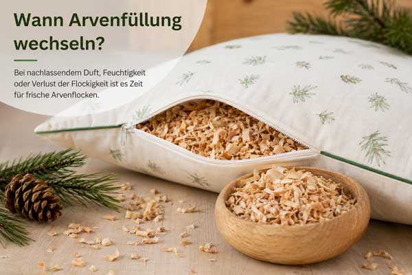Geöffnetes Arvenkissen mit frischen Arvenflocken